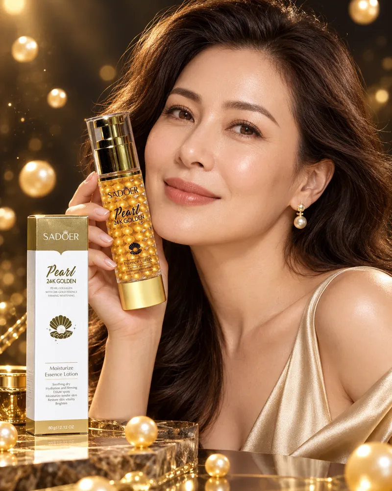 Femeie cu ten luminos care ține serul SADOER Pearl 24K Gold lângă obraz